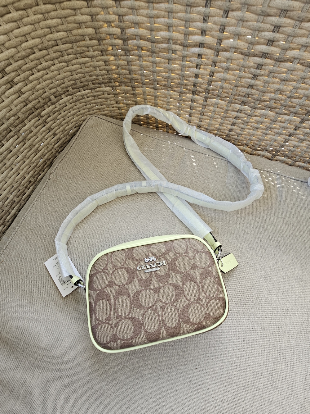 Coach Beige Signature Crossbody with Lime Trim